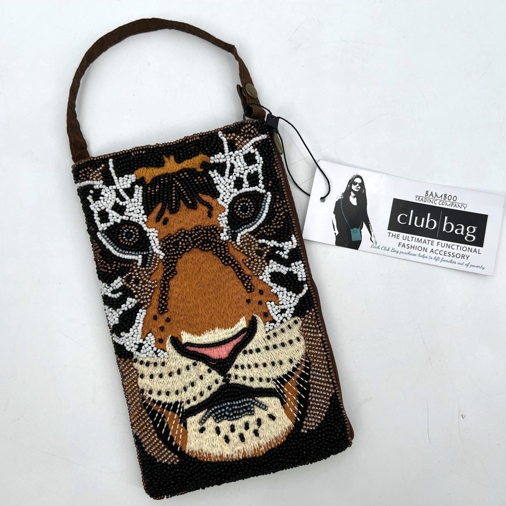 Bamboo Trading Company Tiger Club Bag Beaded Crossbody or Wristlet Phone Bag - Picture 2 of 8